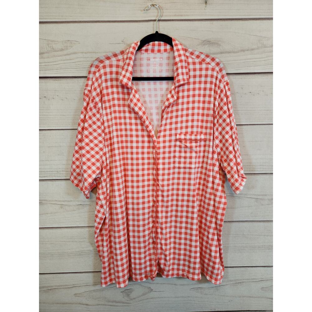Liz Claiborne Womens Red White Check Button‎ Front Short Sleeve Sleepshirt Sz 3X